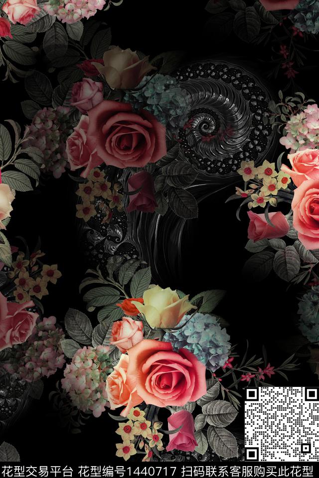 黑底花卉花卉香云纱数码印花华亿平台下载（图片编号: 1440717） - 瓦栏（Walan）