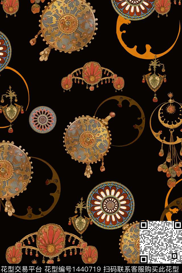 黑底花卉几何花卉数码印花华亿平台下载（图片编号: 1440719） - 瓦栏（Walan）