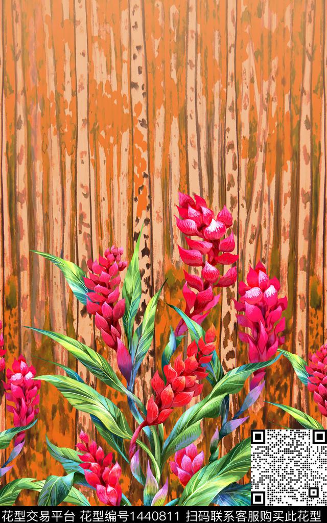 线条绿植树叶女装定位花数码印花华亿平台下载（图片编号: 1440811） - 瓦栏（Walan）