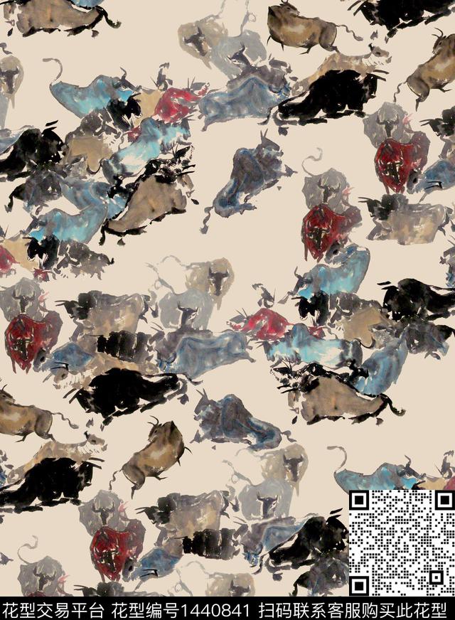 水墨风动物牛数码印花华亿平台下载（图片编号: 1440841） - 瓦栏（Walan）