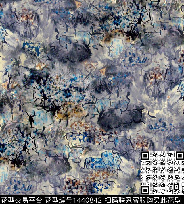 水墨风动物牛数码印花华亿平台下载（图片编号: 1440842） - 瓦栏（Walan）