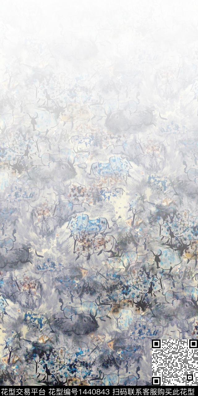 水墨风动物牛数码印花华亿平台下载（图片编号: 1440843） - 瓦栏（Walan）