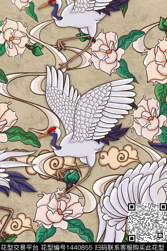 复古手绘仙鹤中国风数码印花华亿平台下载（图片编号: 1440855） - 瓦栏（Walan）