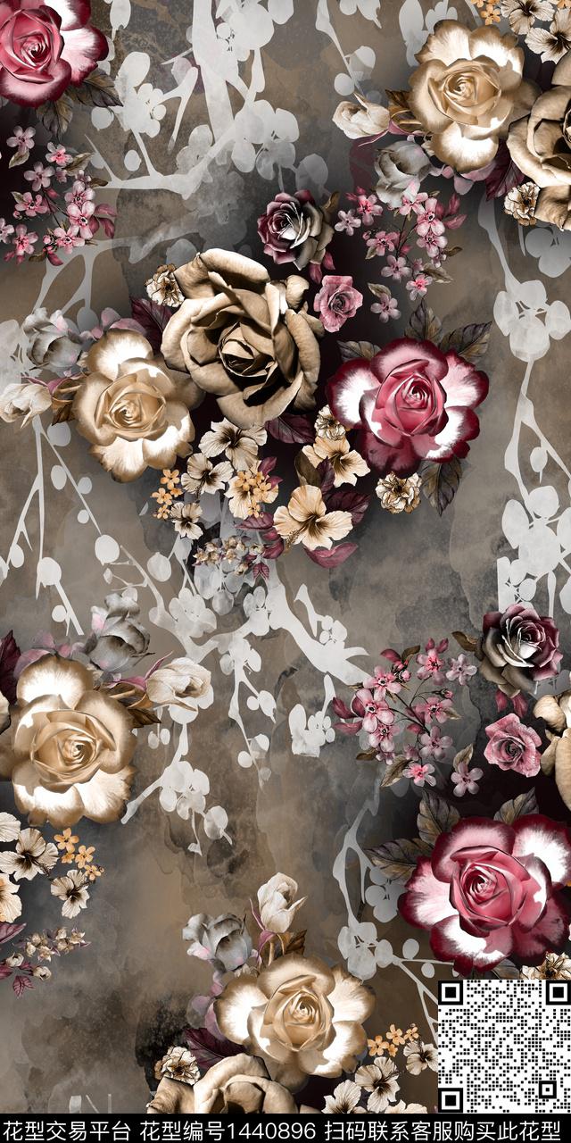 时尚花卉真丝数码印花华亿平台下载（图片编号: 1440896） - 瓦栏（Walan）