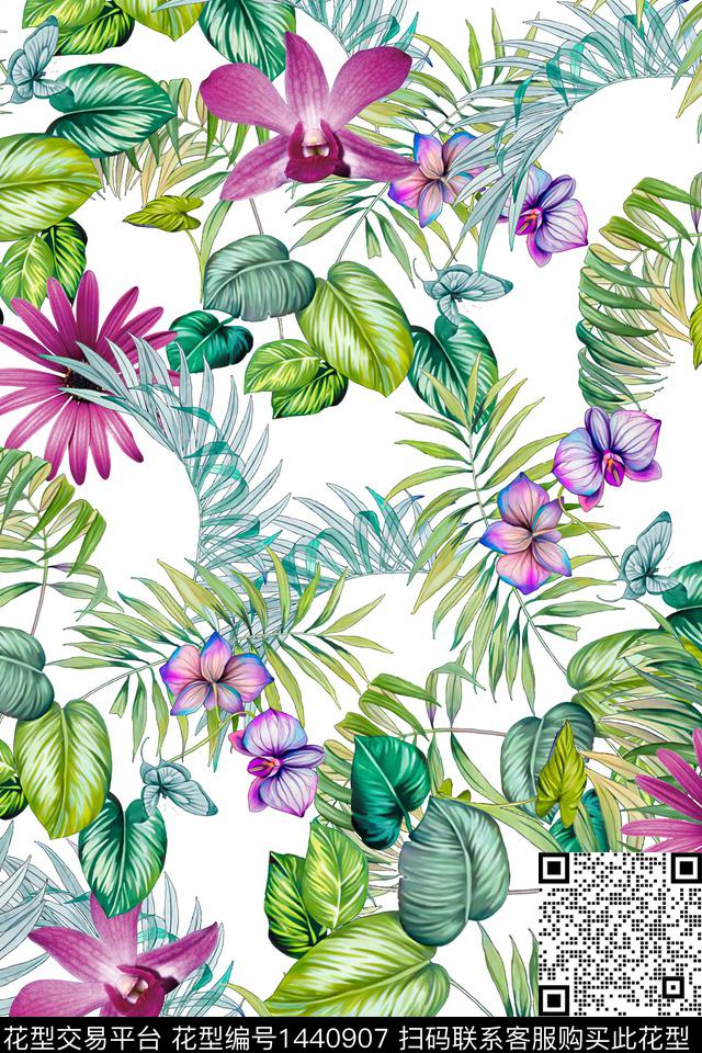 绿植树叶花卉真丝数码印花华亿平台下载（图片编号: 1440907） - 瓦栏（Walan）