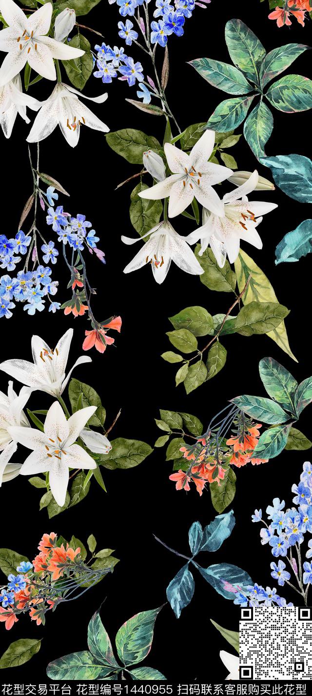 水彩花卉黑底花卉数码印花华亿平台下载（图片编号: 1440955） - 瓦栏（Walan）
