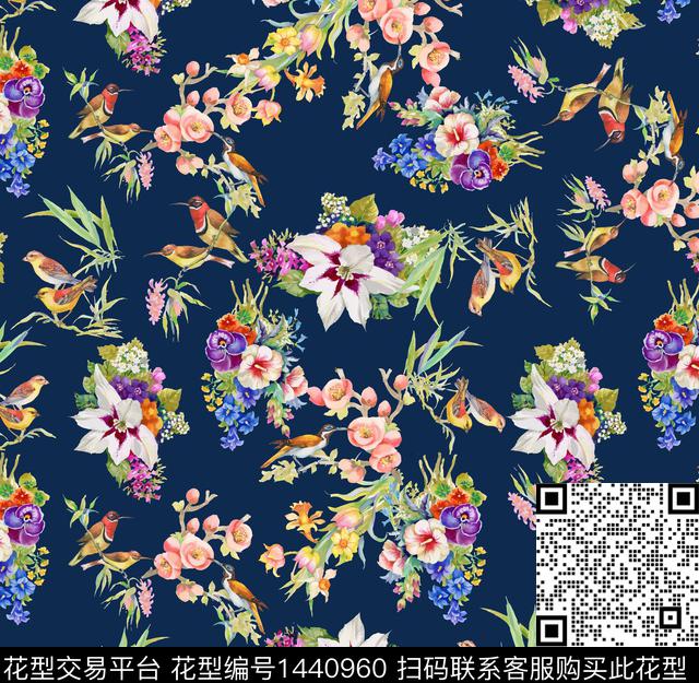 鸟花卉老蓝底数码印花华亿平台下载（图片编号: 1440960） - 瓦栏（Walan）