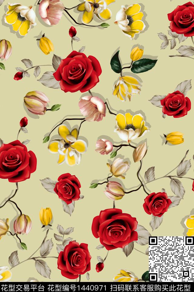 玫瑰花花卉中老年花卉数码印花华亿平台下载（图片编号: 1440971） - 瓦栏（Walan）