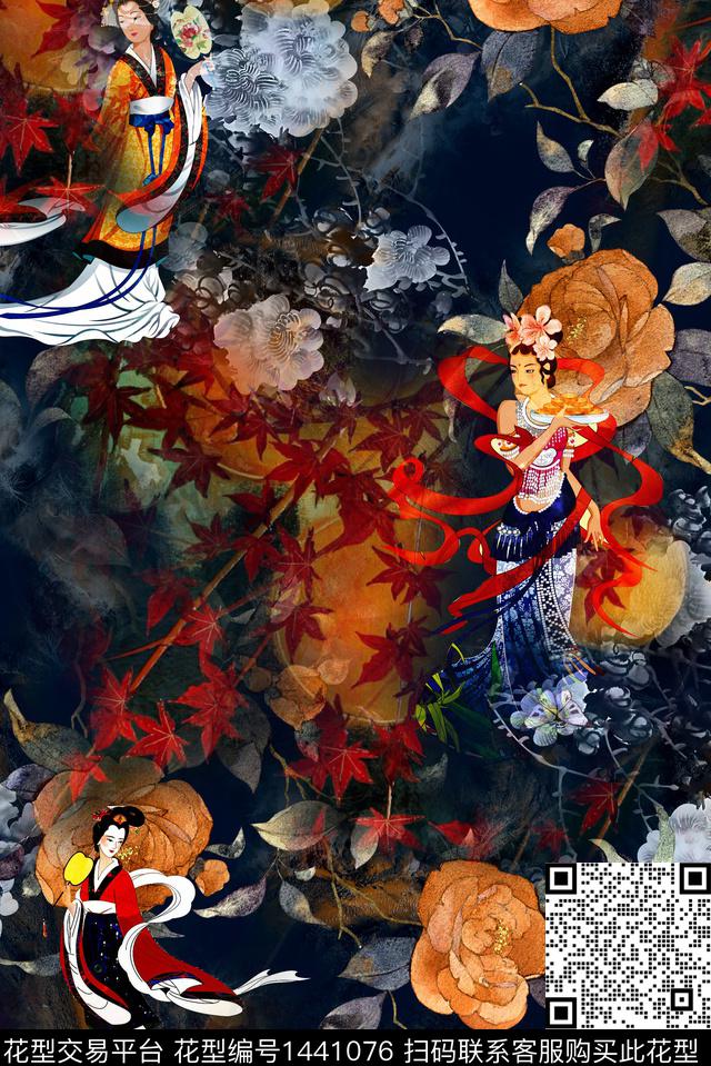 人物花卉香云纱数码印花华亿平台下载（图片编号: 1441076） - 瓦栏（Walan）