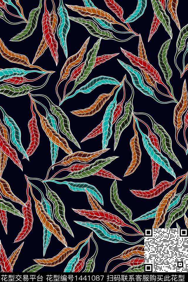 绿植树叶大牌风抽象数码印花华亿平台下载（图片编号: 1441087） - 瓦栏（Walan）