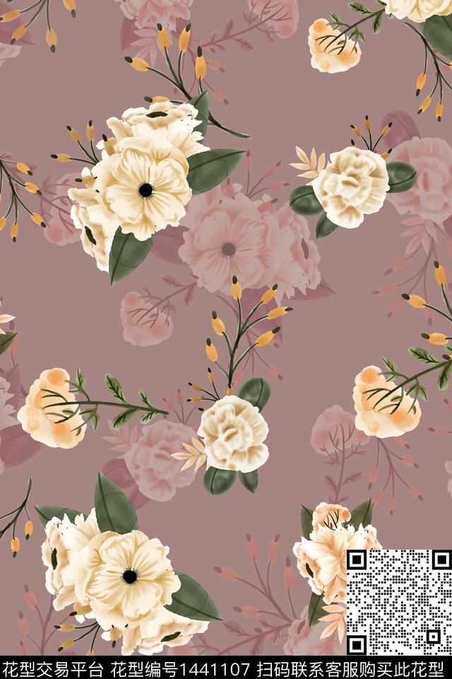 鲜花简约彩底花卉传统印花华亿平台下载（图片编号: 1441107） - 瓦栏（Walan）