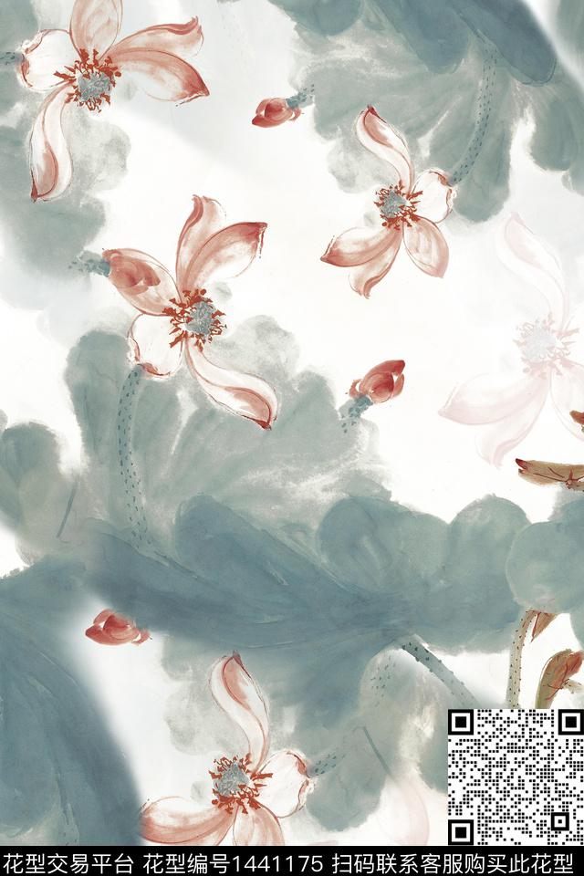 荷花花卉香云纱数码印花华亿平台下载（图片编号: 1441175） - 瓦栏（Walan）