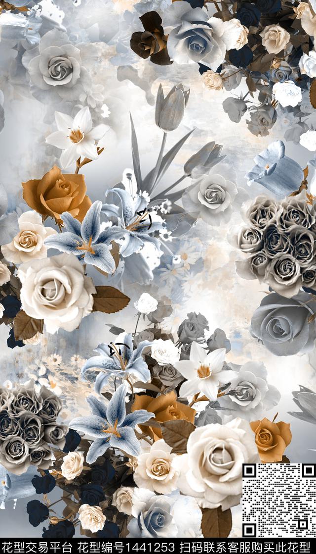 时尚花卉真丝数码印花华亿平台下载（图片编号: 1441253） - 瓦栏（Walan）