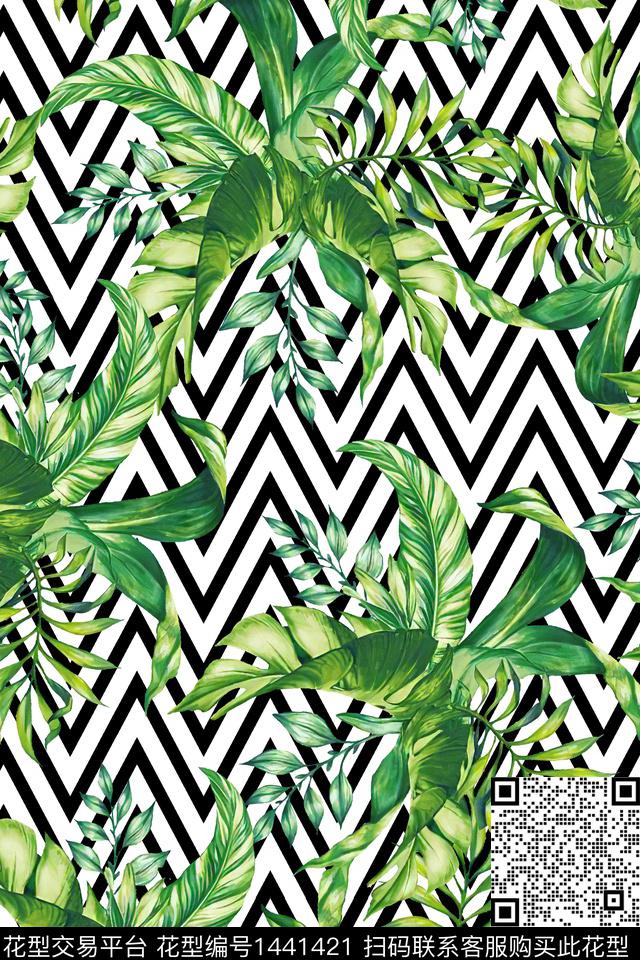 绿植树叶几何真丝数码印花华亿平台下载（图片编号: 1441421） - 瓦栏（Walan）