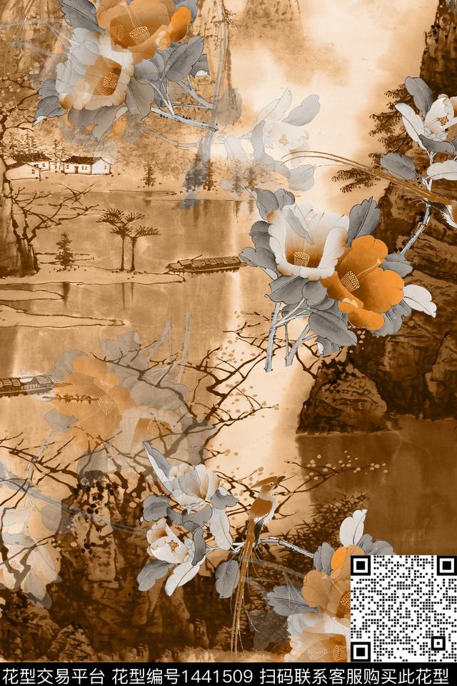 花卉香云纱中国风数码印花华亿平台下载（图片编号: 1441509） - 瓦栏（Walan）