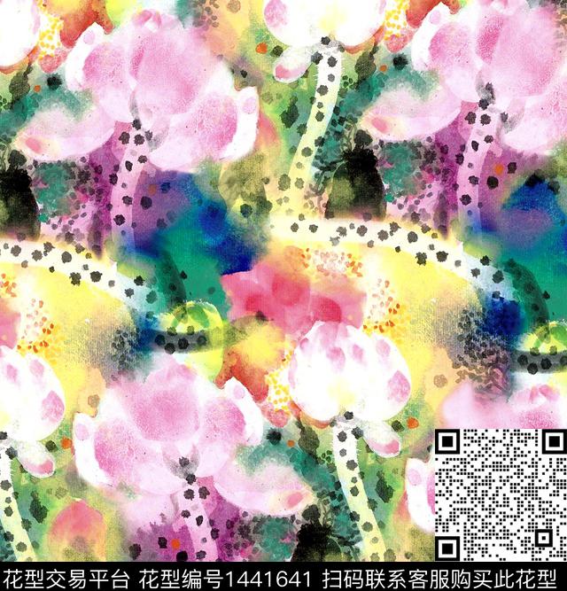 荷花水彩花卉中国风数码印花华亿平台下载（图片编号: 1441641） - 瓦栏（Walan）