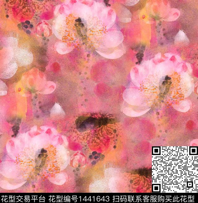 荷花水彩花卉中国风数码印花华亿平台下载（图片编号: 1441643） - 瓦栏（Walan）