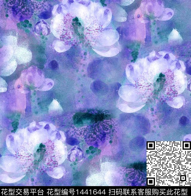 荷花水彩花卉中国风数码印花华亿平台下载（图片编号: 1441644） - 瓦栏（Walan）