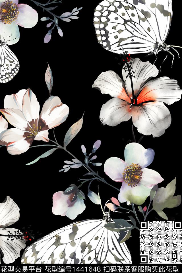 黑底花卉花卉香云纱数码印花华亿平台下载（图片编号: 1441648） - 瓦栏（Walan）