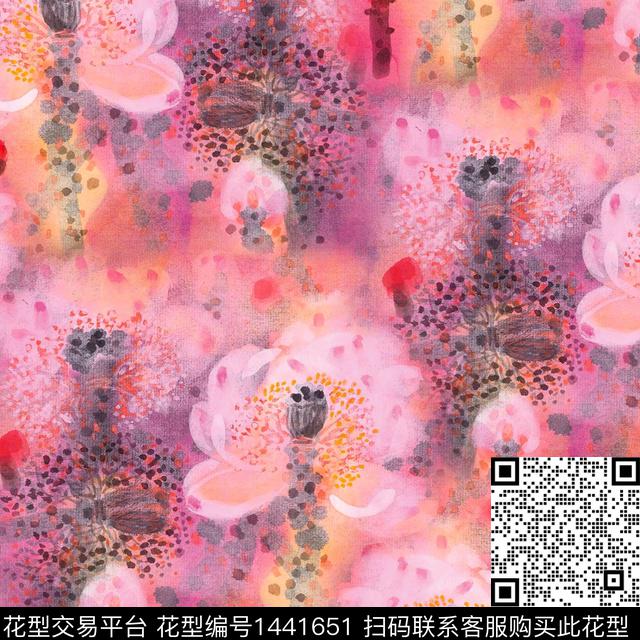荷花水彩花卉中国风数码印花华亿平台下载（图片编号: 1441651） - 瓦栏（Walan）