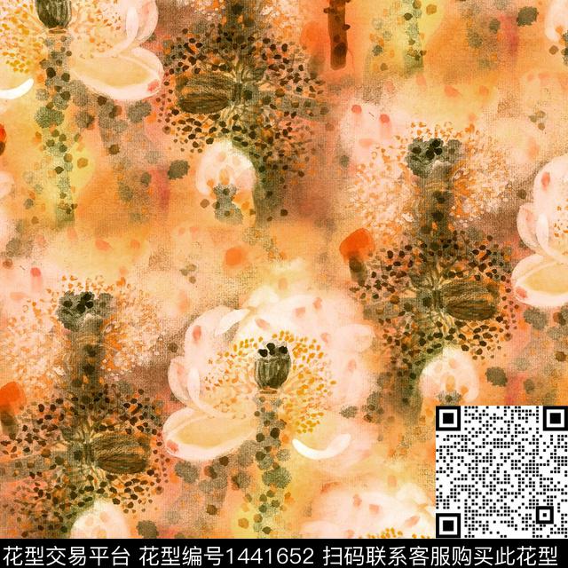 荷花水彩花卉中国风数码印花华亿平台下载（图片编号: 1441652） - 瓦栏（Walan）