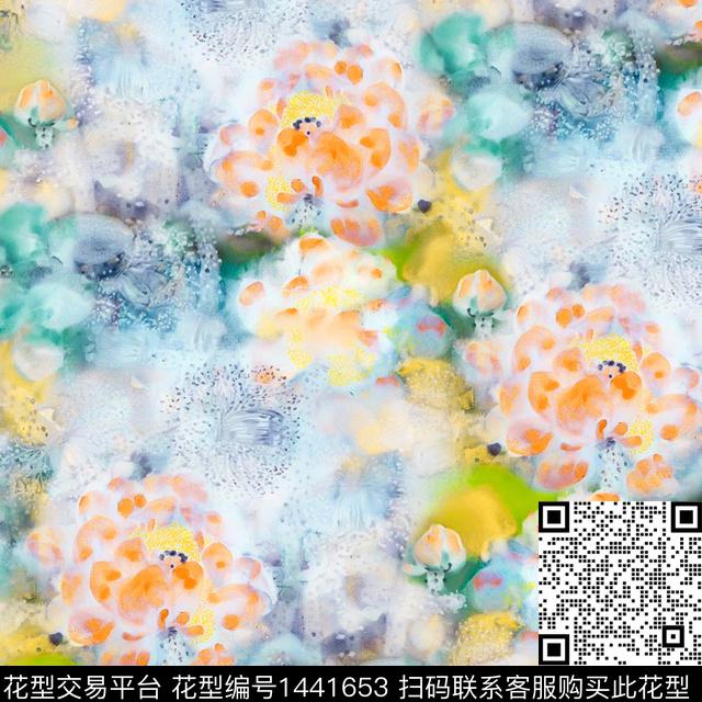 荷花水彩花卉中国风数码印花华亿平台下载（图片编号: 1441653） - 瓦栏（Walan）