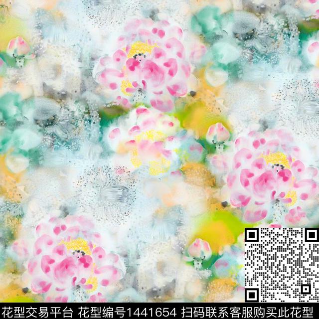 荷花水彩花卉中国风数码印花华亿平台下载（图片编号: 1441654） - 瓦栏（Walan）