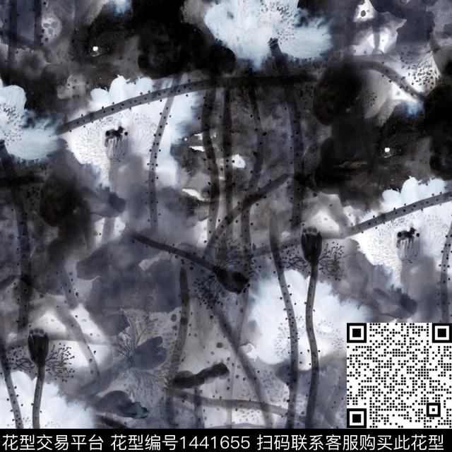荷花水彩花卉中国风数码印花华亿平台下载（图片编号: 1441655） - 瓦栏（Walan）