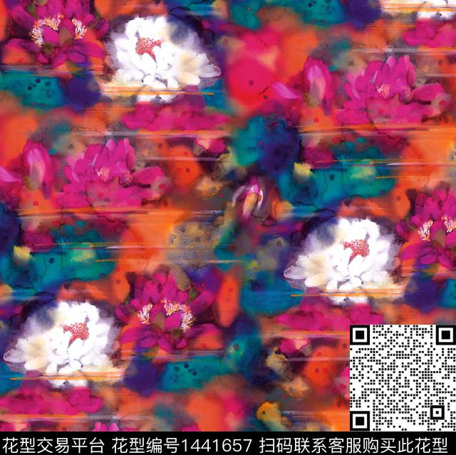 荷花水彩花卉中国风数码印花华亿平台下载（图片编号: 1441657） - 瓦栏（Walan）