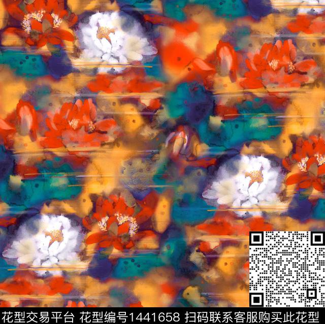 荷花水彩花卉中国风数码印花华亿平台下载（图片编号: 1441658） - 瓦栏（Walan）