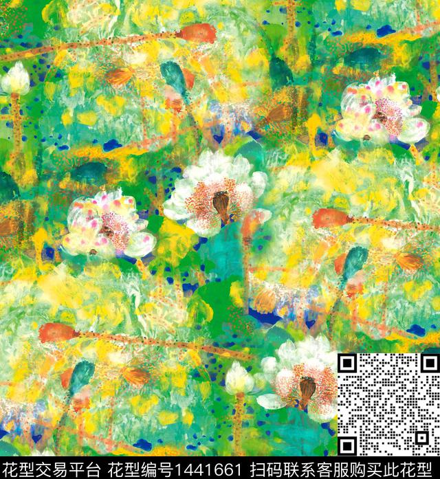 荷花水彩花卉中国风数码印花华亿平台下载（图片编号: 1441661） - 瓦栏（Walan）
