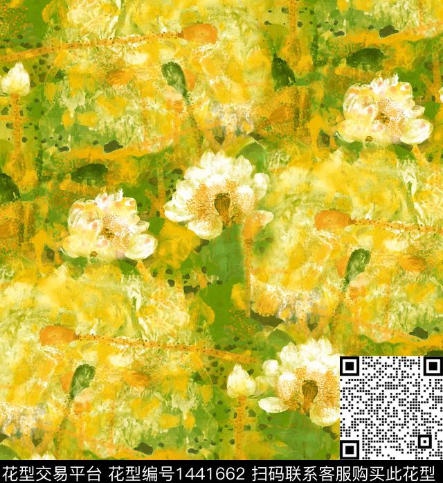 荷花水彩花卉中国风数码印花华亿平台下载（图片编号: 1441662） - 瓦栏（Walan）