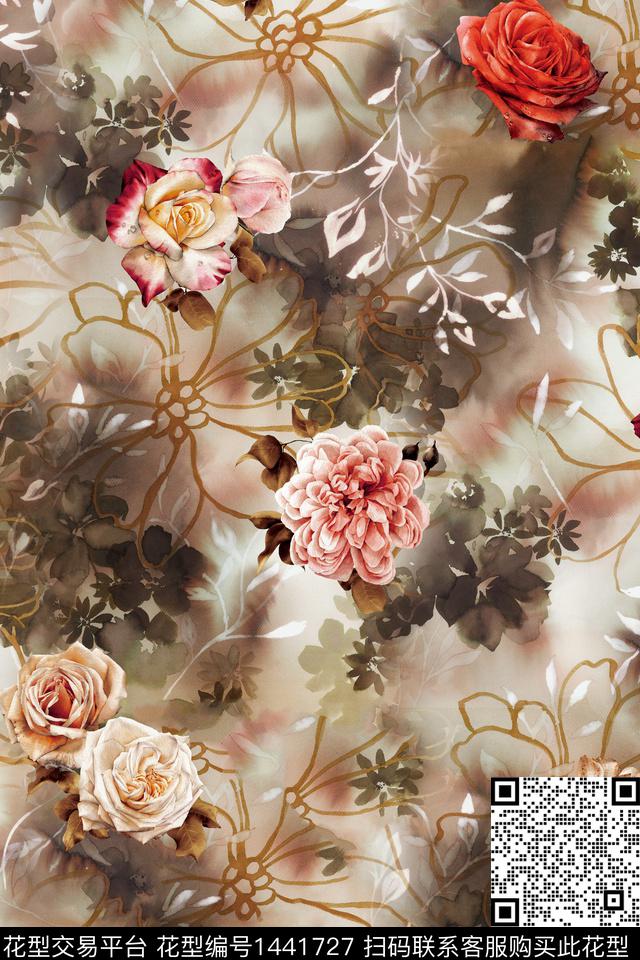 数码华亿平台彩底花卉水彩数码印花华亿平台下载（图片编号: 1441727） - 瓦栏（Walan）