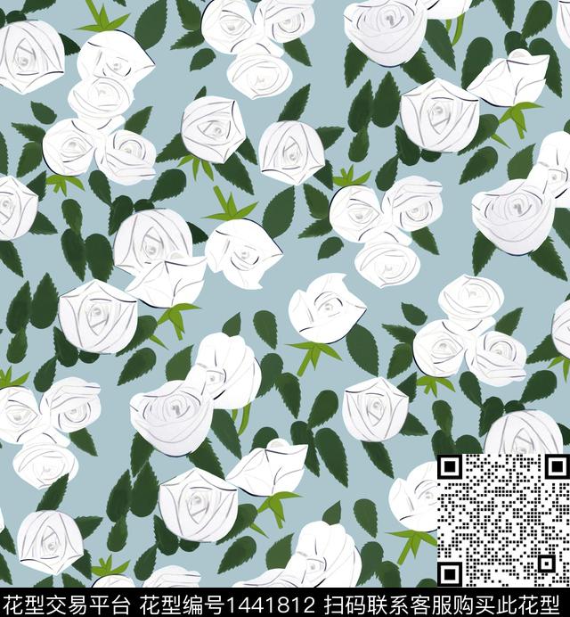 手绘花卉玫瑰花复古植物数码印花华亿平台下载（图片编号: 1441812） - 瓦栏（Walan）