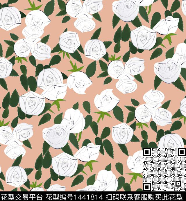 手绘花卉玫瑰花复古植物数码印花华亿平台下载（图片编号: 1441814） - 瓦栏（Walan）