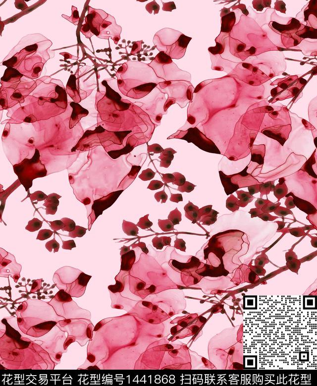 几何笔触清爽底花卉数码印花华亿平台下载（图片编号: 1441868） - 瓦栏（Walan）