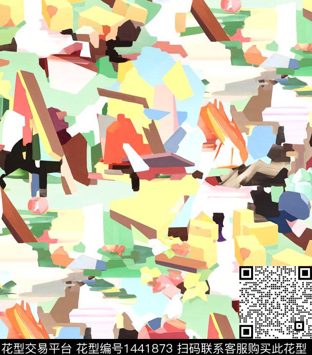 几何笔触清爽底花卉数码印花华亿平台下载（图片编号: 1441873） - 瓦栏（Walan）