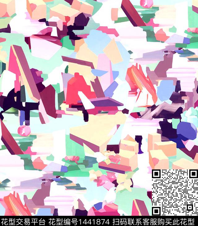几何笔触清爽底花卉数码印花华亿平台下载（图片编号: 1441874） - 瓦栏（Walan）