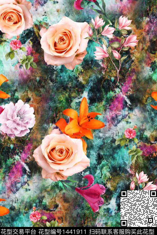 简约黑底花卉数码华亿平台数码印花华亿平台下载（图片编号: 1441911） - 瓦栏（Walan）