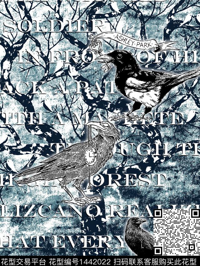 字母鸟树枝传统印花华亿平台下载（图片编号: 1442022） - 瓦栏（Walan）