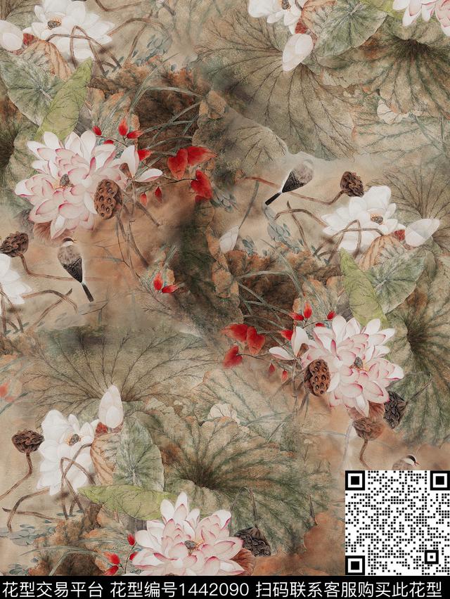 荷花水墨风花卉数码印花华亿平台下载（图片编号: 1442090） - 瓦栏（Walan）