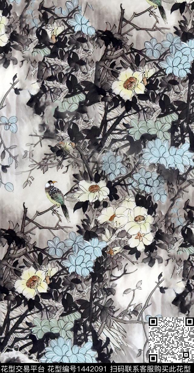 水墨风树枝花卉数码印花华亿平台下载（图片编号: 1442091） - 瓦栏（Walan）