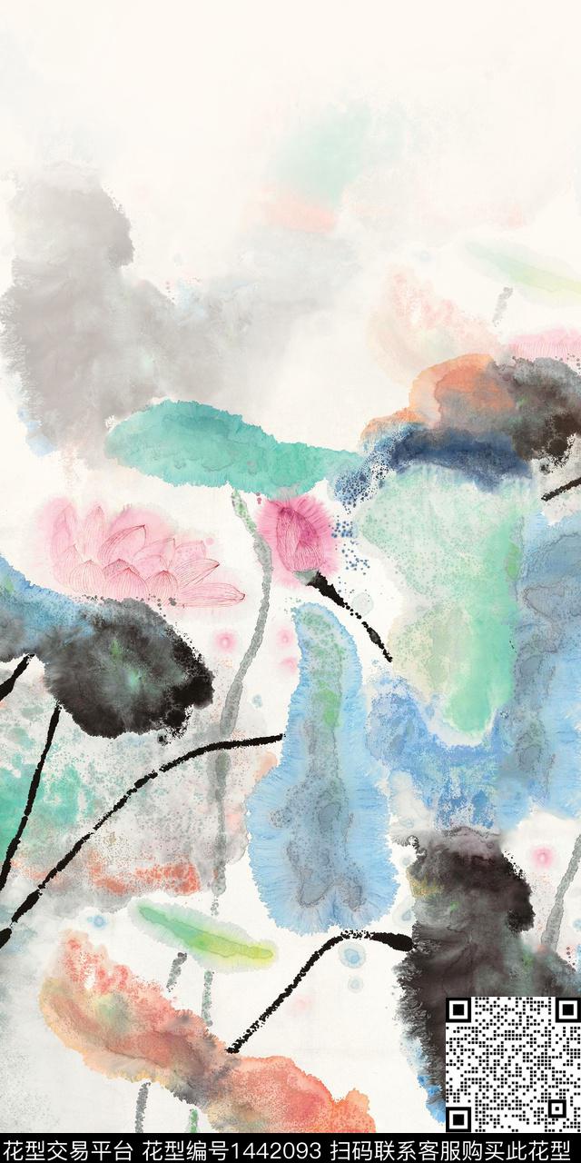 荷花定位花水墨风数码印花华亿平台下载（图片编号: 1442093） - 瓦栏（Walan）