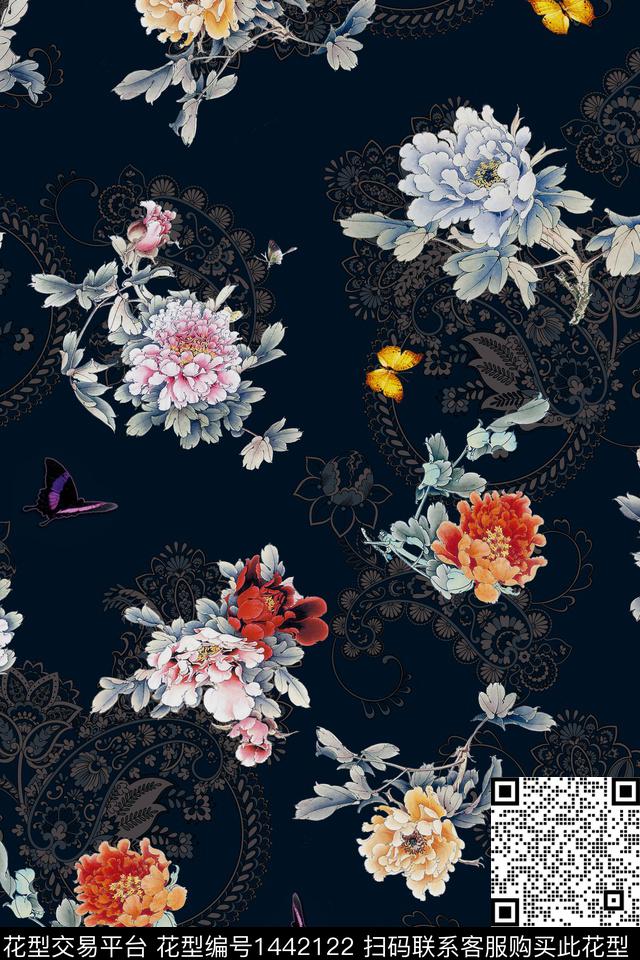 水墨风花卉牡丹数码印花华亿平台下载（图片编号: 1442122） - 瓦栏（Walan）
