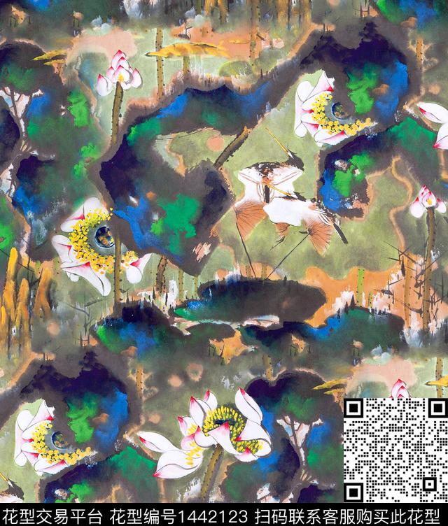 花鸟荷花水墨风数码印花华亿平台下载（图片编号: 1442123） - 瓦栏（Walan）