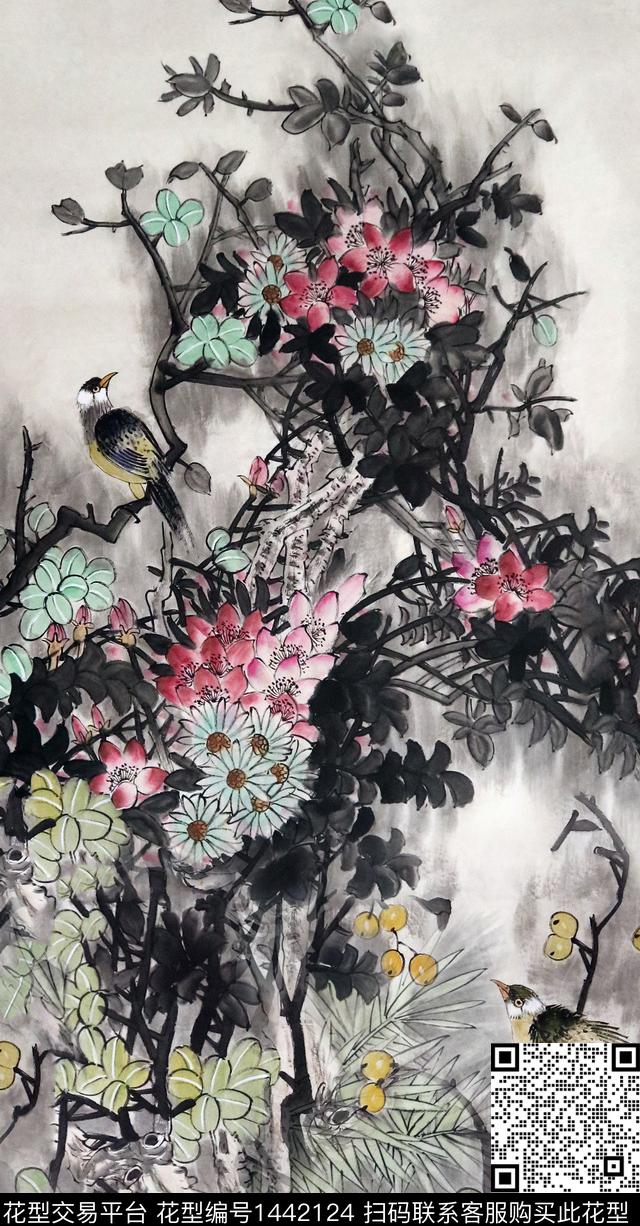 水墨风花卉旗袍数码印花华亿平台下载（图片编号: 1442124） - 瓦栏（Walan）