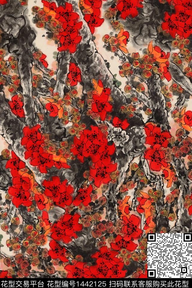 绿植树叶梅花水墨风数码印花华亿平台下载（图片编号: 1442125） - 瓦栏（Walan）