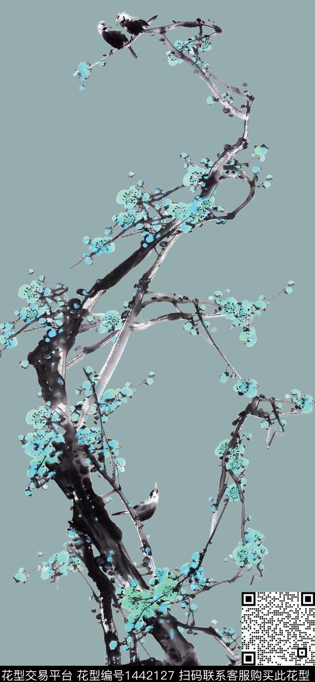 花鸟梅花水墨风数码印花华亿平台下载（图片编号: 1442127） - 瓦栏（Walan）