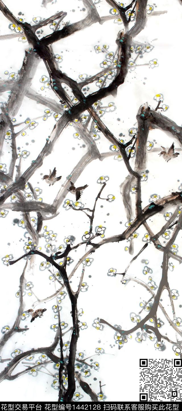 花鸟梅花水墨风数码印花华亿平台下载（图片编号: 1442128） - 瓦栏（Walan）