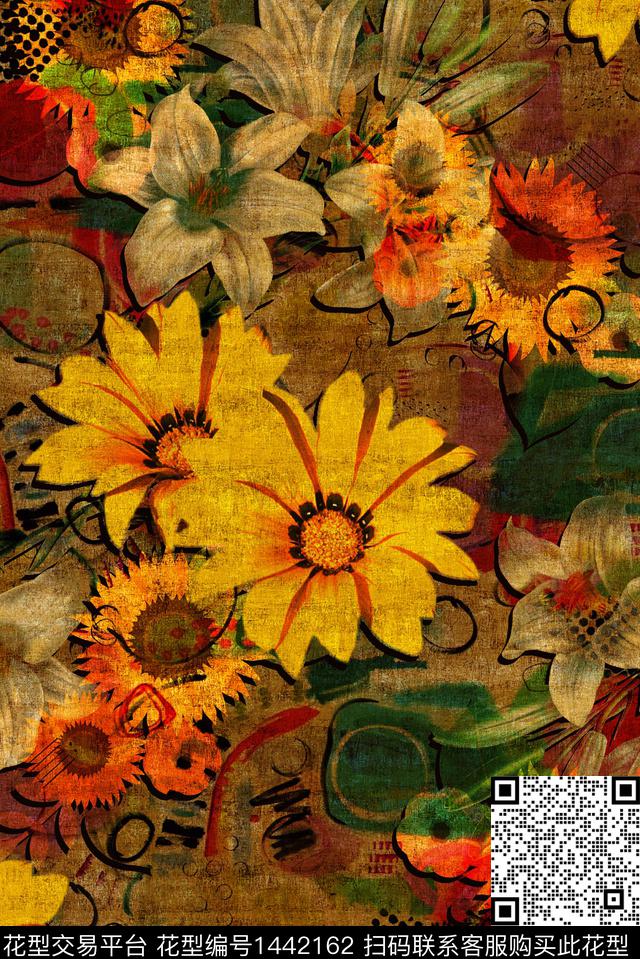 复古花卉香云纱数码印花华亿平台下载（图片编号: 1442162） - 瓦栏（Walan）